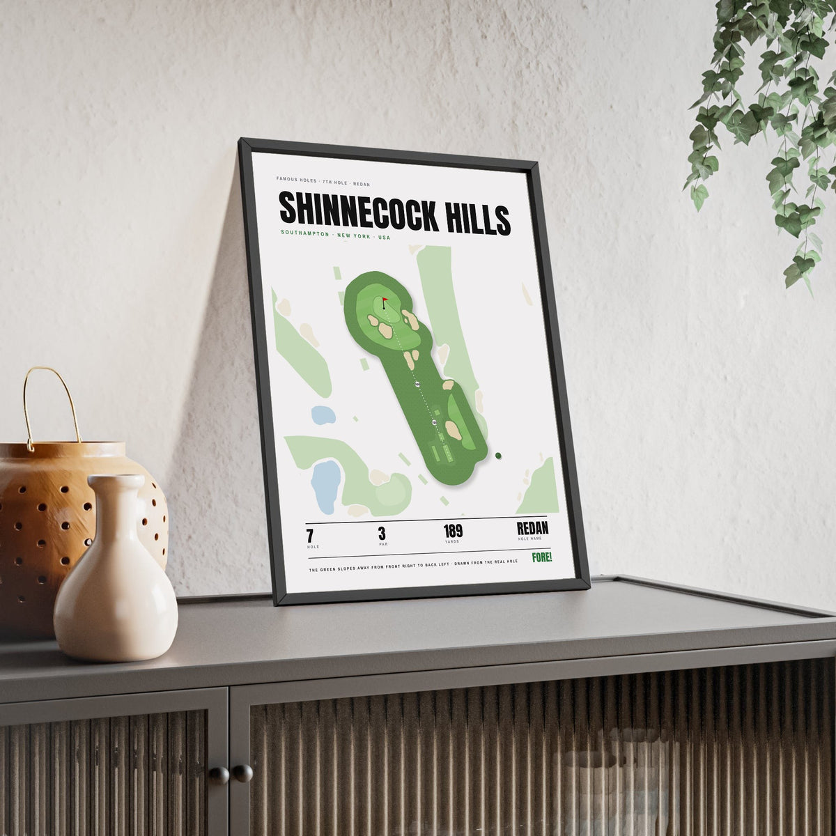 Shinnecock Hills 7th Hole White print framed and leaning on a sideboard