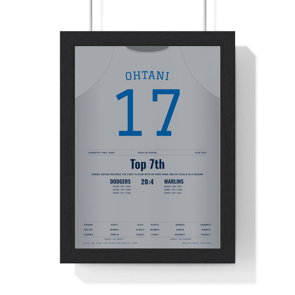Shohei Ohtani 2024 50-50 Game Poster - Los Angeles Dodgers 17 Jersey Print framed in a black frame, ready to hang