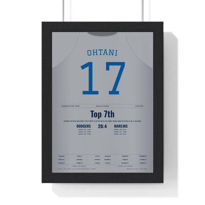Shohei Ohtani 2024 50-50 Game Poster - Los Angeles Dodgers 17 Jersey Print framed in a black frame, ready to hang