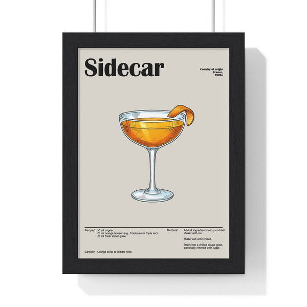 Sidecar cocktail poster framed showing classic cognac drink recipe design