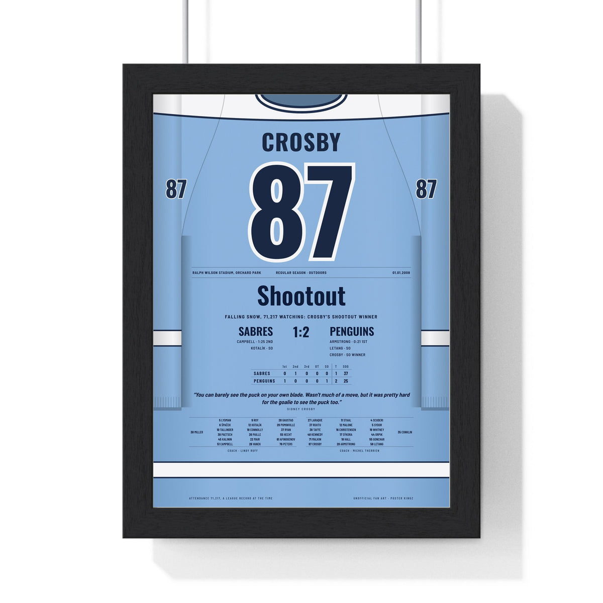Sidney Crosby 2008 Outdoor Game Shootout Winner Poster - Pittsburgh Penguins 87 Hockey Jersey Print framed in a black frame, ready to hang