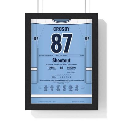 Sidney Crosby 2008 Outdoor Game Shootout Winner Poster - Pittsburgh Penguins 87 Hockey Jersey Print framed in a black frame, ready to hang