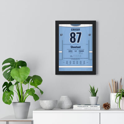 Sidney Crosby 2008 Outdoor Game Shootout Winner Poster - Pittsburgh Penguins 87 Hockey Jersey Print framed on a living room wall