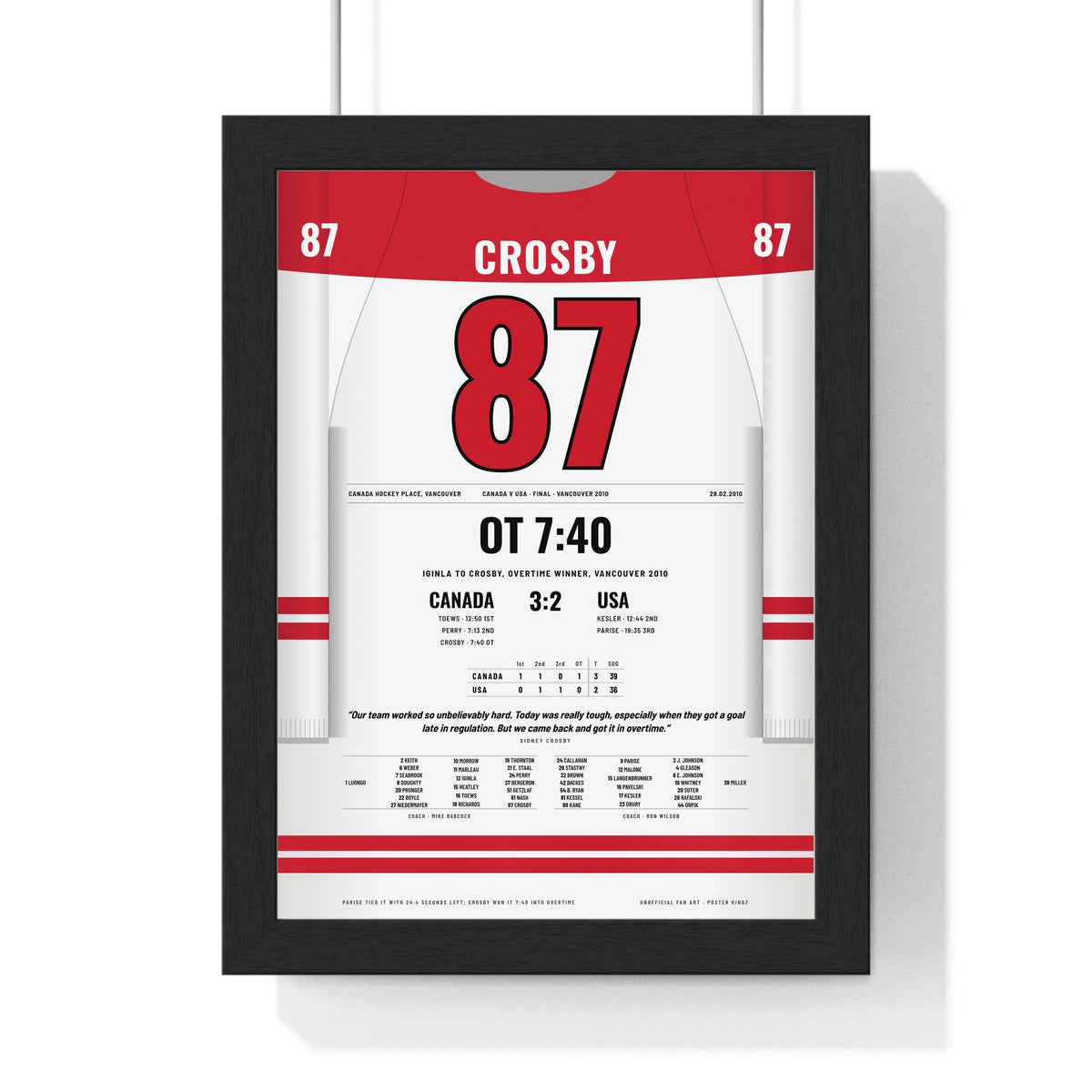 Sidney Crosby 2010 Vancouver 2010 Overtime Winner Poster - Canada 87 Hockey Jersey Print framed in a black frame, ready to hang