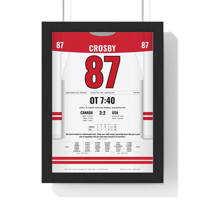 Sidney Crosby 2010 Vancouver 2010 Overtime Winner Poster - Canada 87 Hockey Jersey Print framed in a black frame, ready to hang