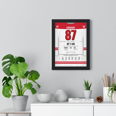 Sidney Crosby 2010 Vancouver 2010 Overtime Winner Poster - Canada 87 Hockey Jersey Print framed on a living room wall