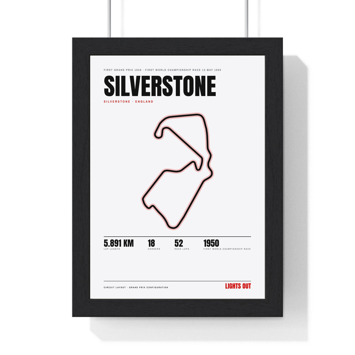 Silverstone Circuit print White framed in a black frame, ready to hang