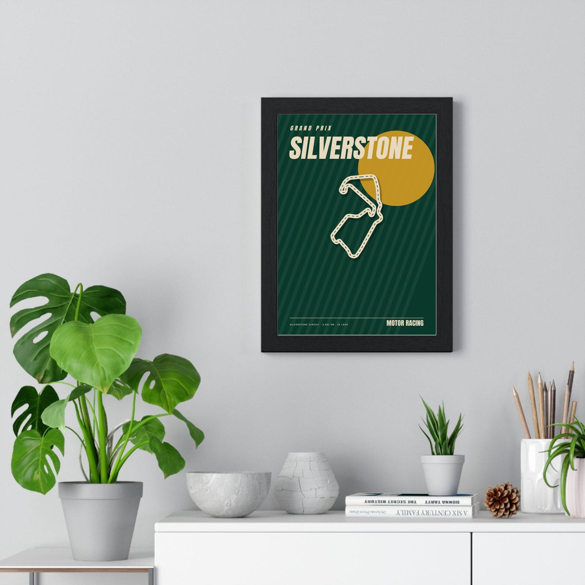 Silverstone Retro Grand Prix print framed on a living room wall