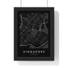 Singapore street map poster in black, minimal city map print framed in a black frame