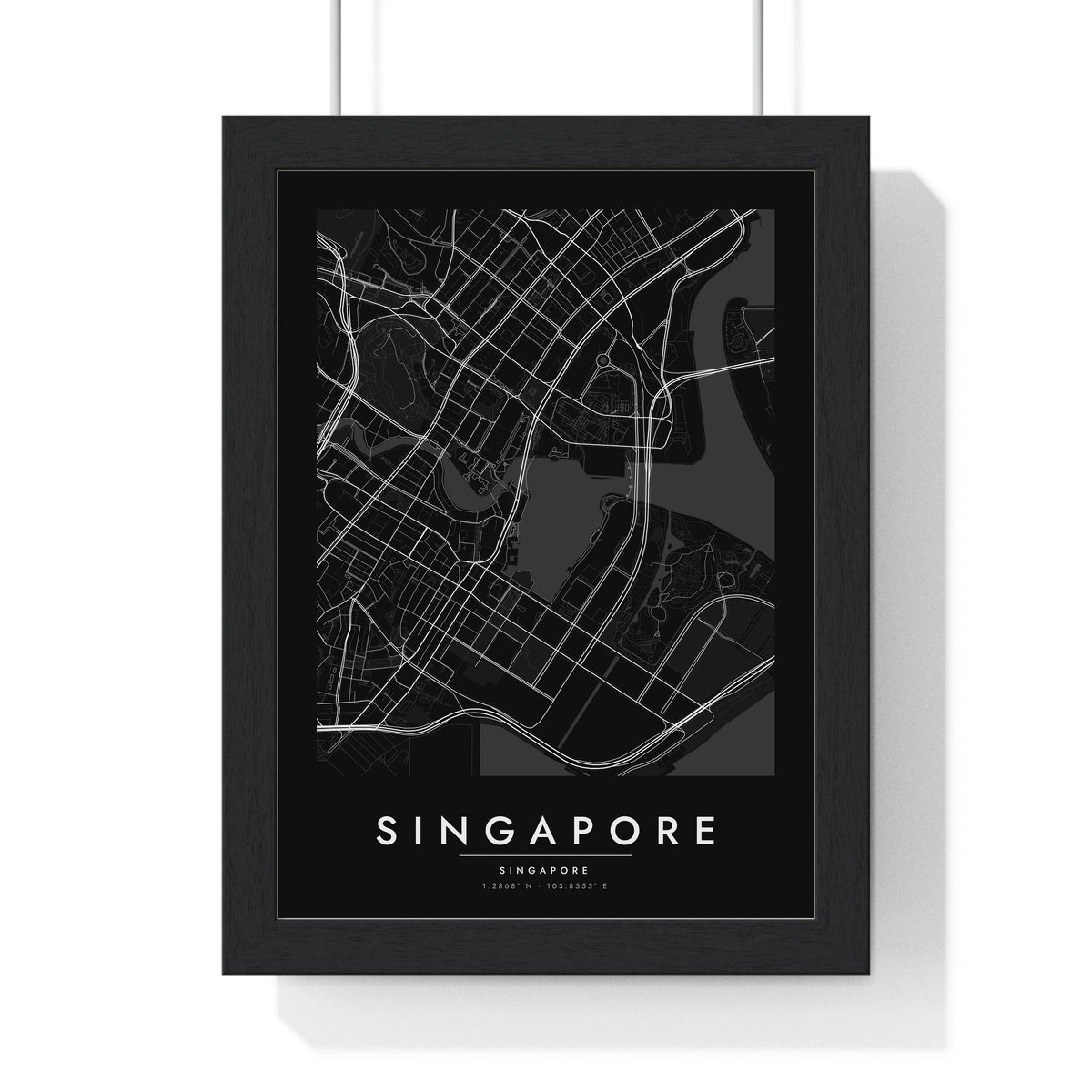 Singapore street map poster in black, minimal city map print framed in a black frame