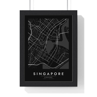 Singapore street map poster in black, minimal city map print framed in a black frame