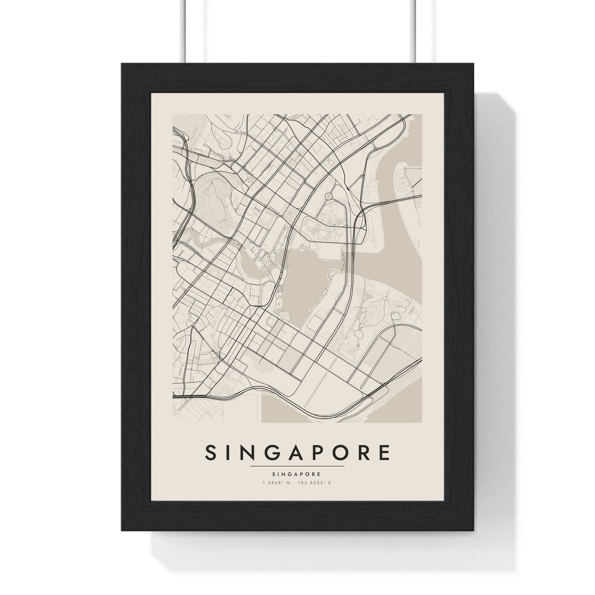 Singapore street map poster in cream, minimal city map print framed in a black frame