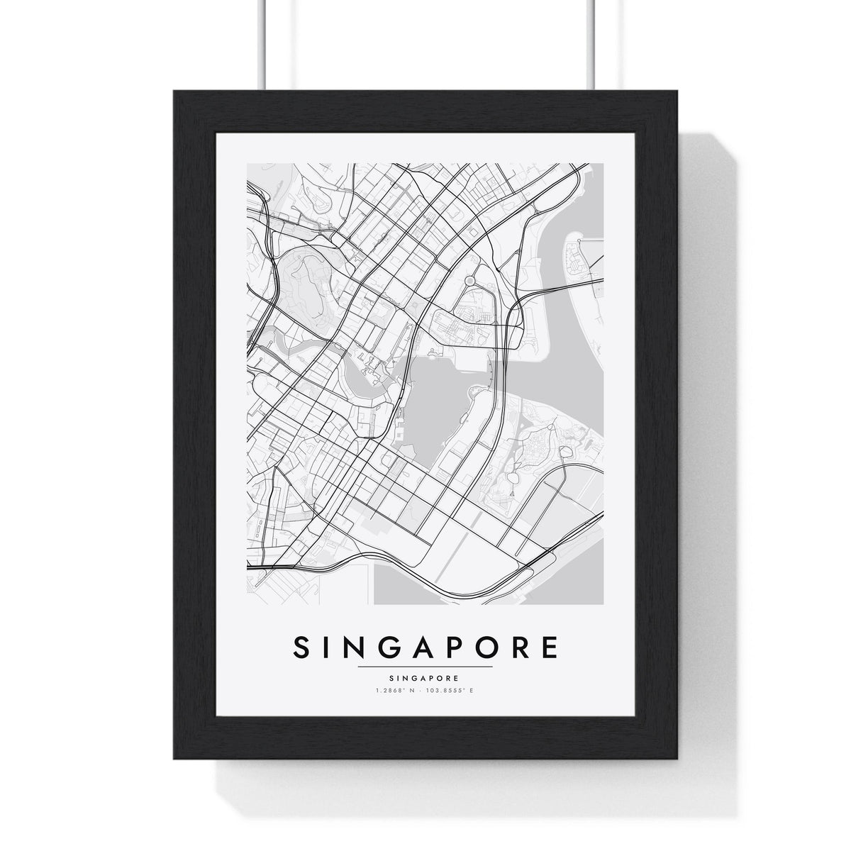 Singapore street map poster in white, minimal city map print framed in a black frame