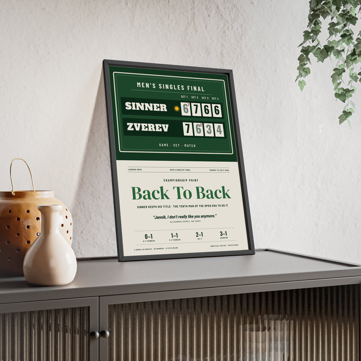 Back To Back 2026 Tennis print framed and leaning on a sideboard