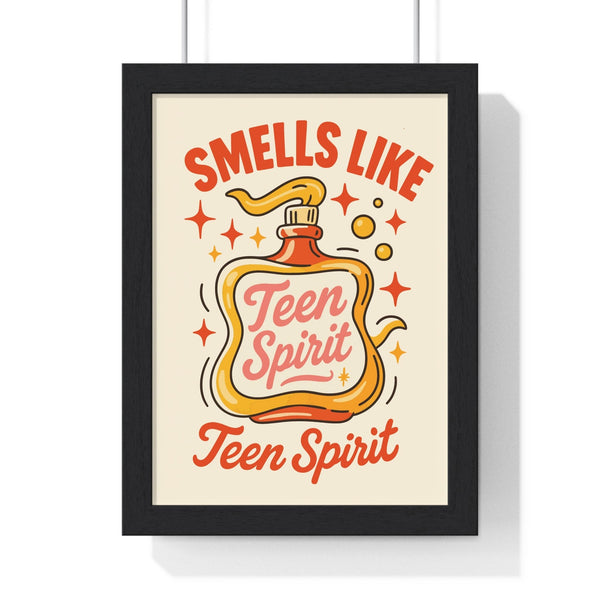 Smells Like Teen Spirit inspired poster with retro perfume bottle design framed on living room wall