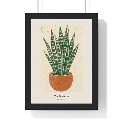 Snake Plant Lino Print framed in a black frame, ready to hang