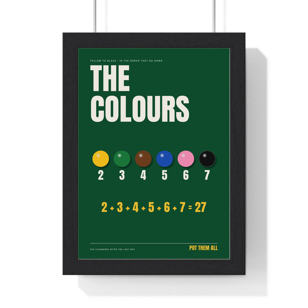 Snooker Colours print framed in a black frame, ready to hang