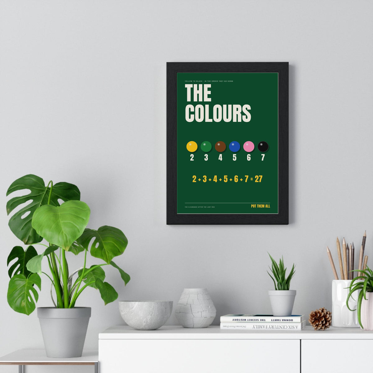 Snooker Colours print framed on a living room wall