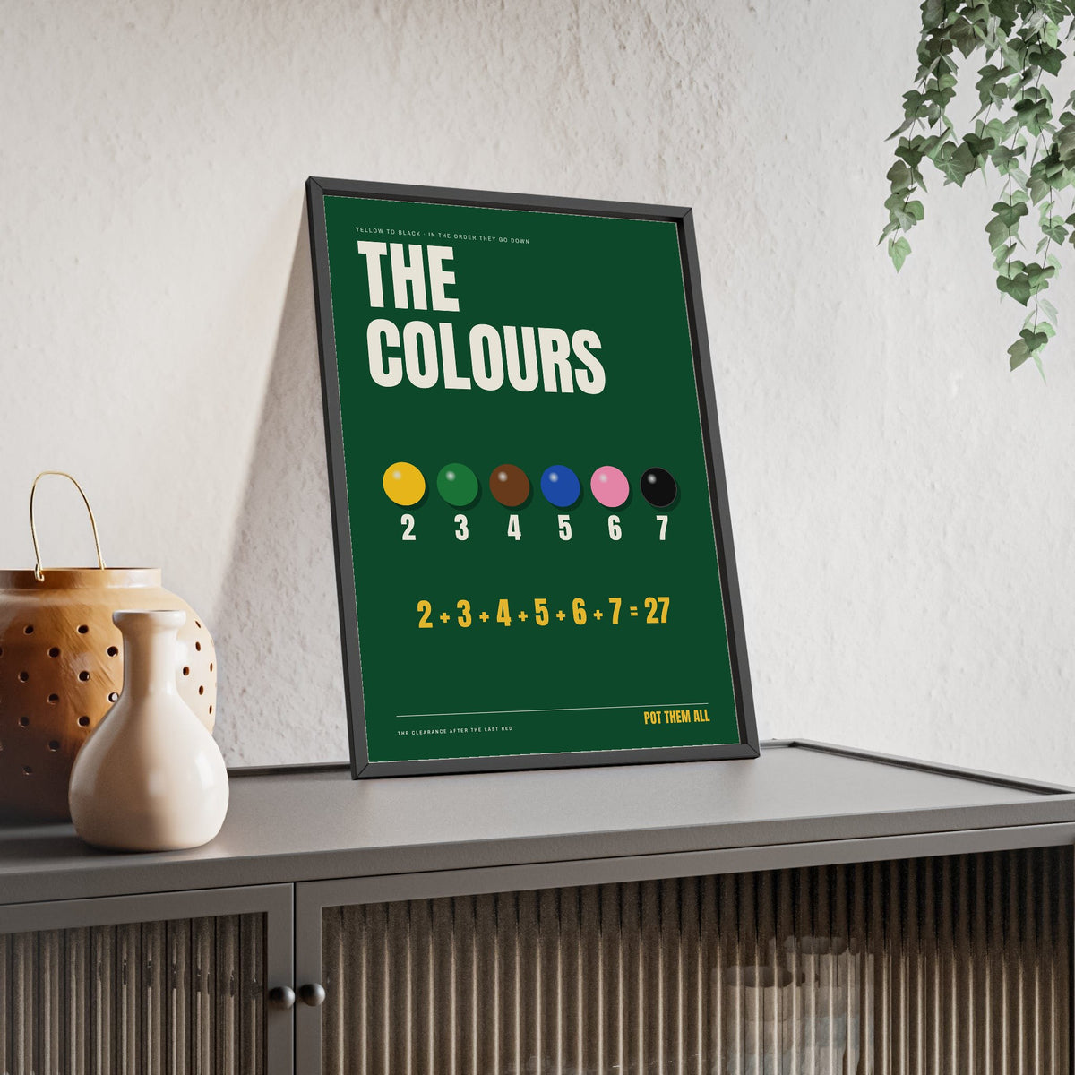 Snooker Colours print framed and leaning on a sideboard
