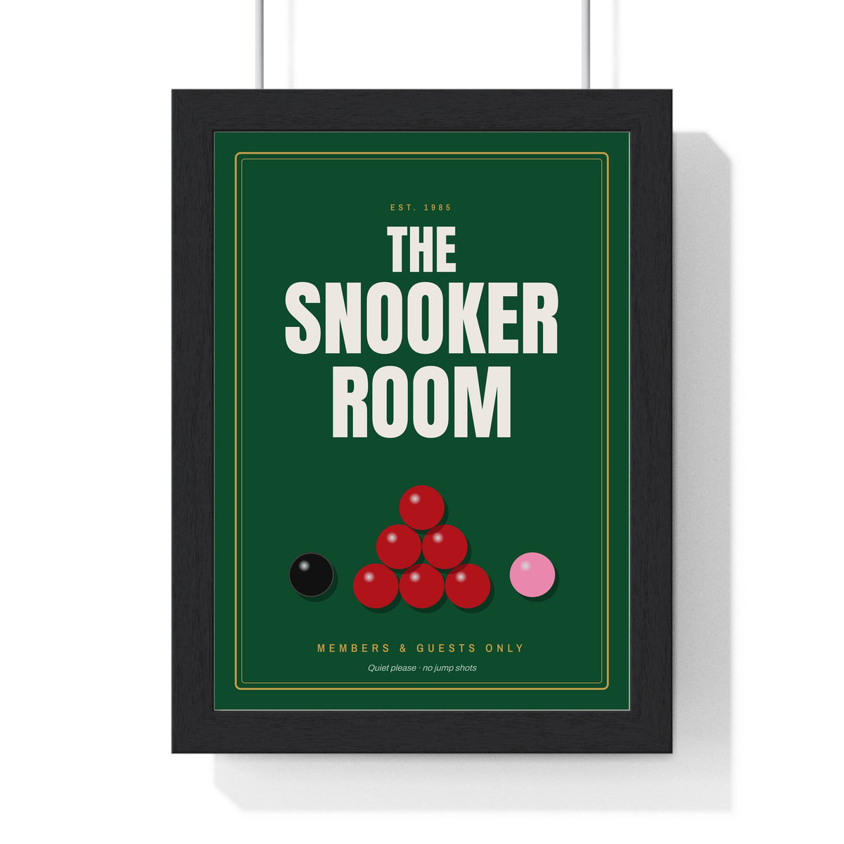 Snooker Room Sign print framed in a black frame, ready to hang