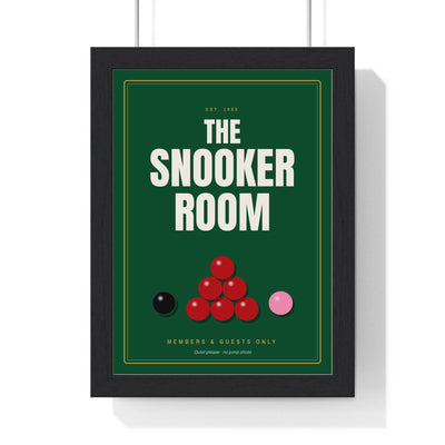 Snooker Room Sign print framed in a black frame, ready to hang