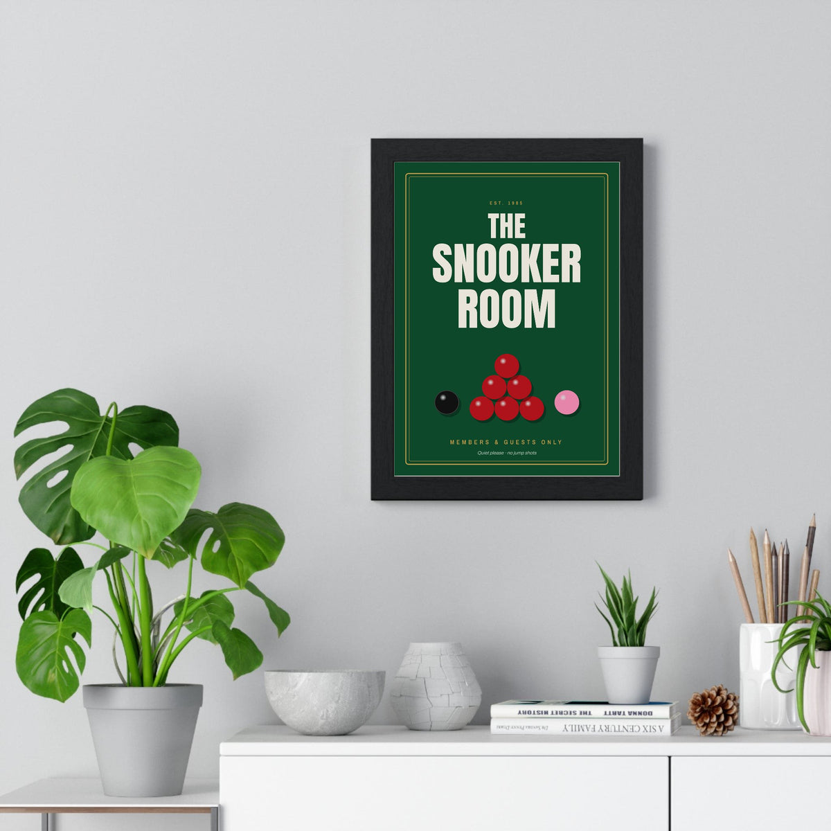 Snooker Room Sign print framed on a living room wall