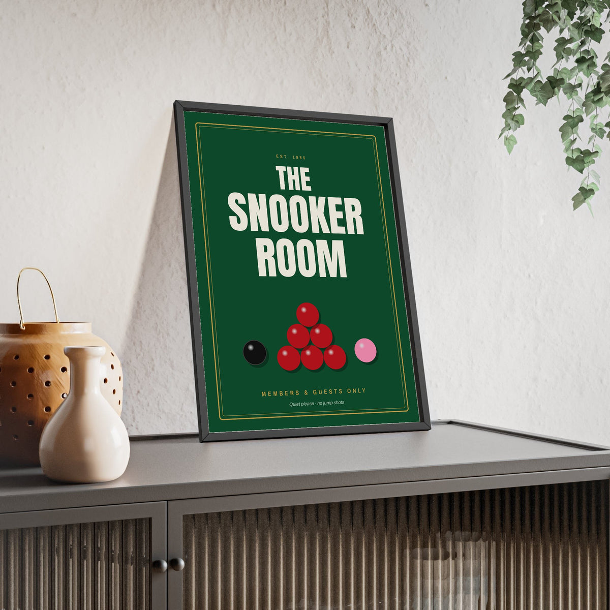 Snooker Room Sign print framed and leaning on a sideboard