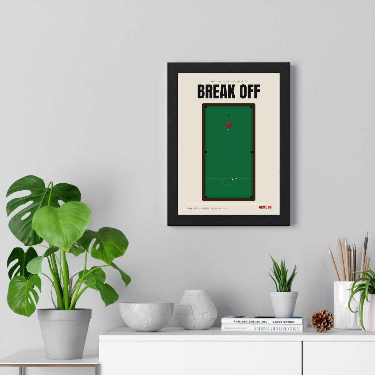 Snooker Table print framed on a living room wall