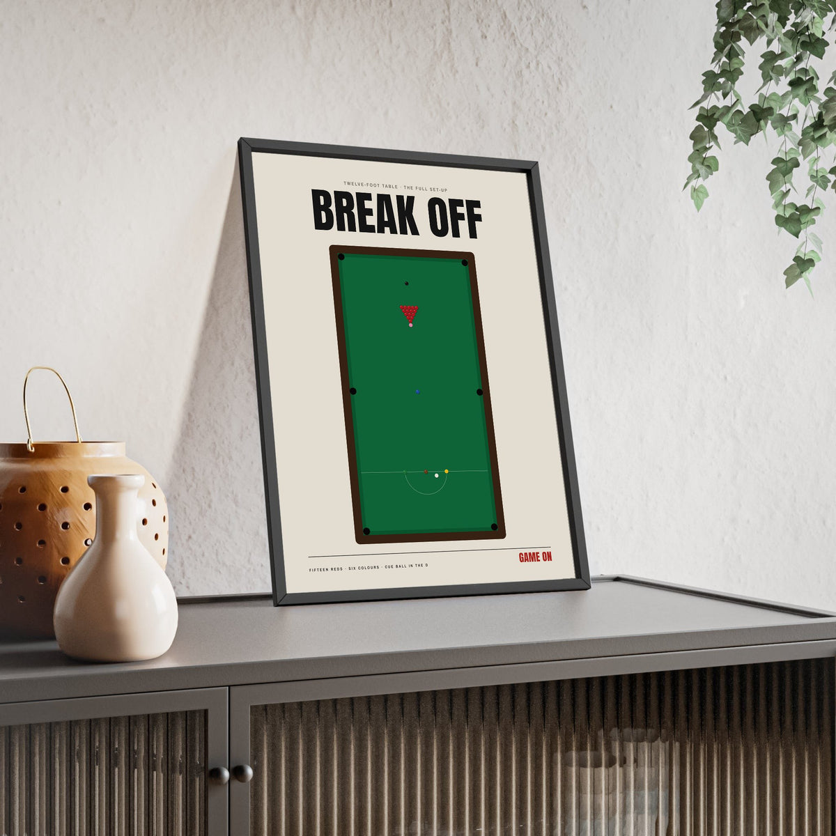 Snooker Table print framed and leaning on a sideboard