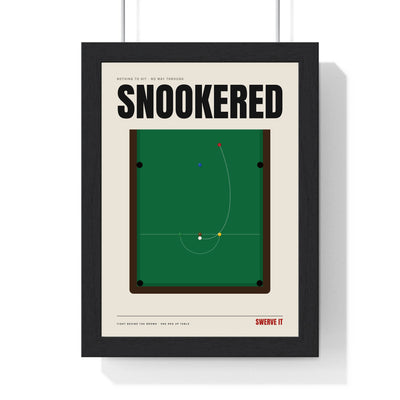 Snookered print framed in a black frame, ready to hang