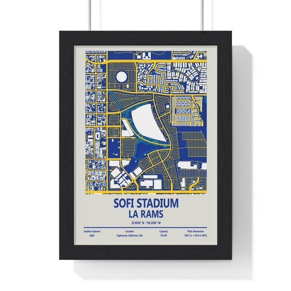 SoFi Stadium LA Rams stadium map print framed in black MDF frame with perspex