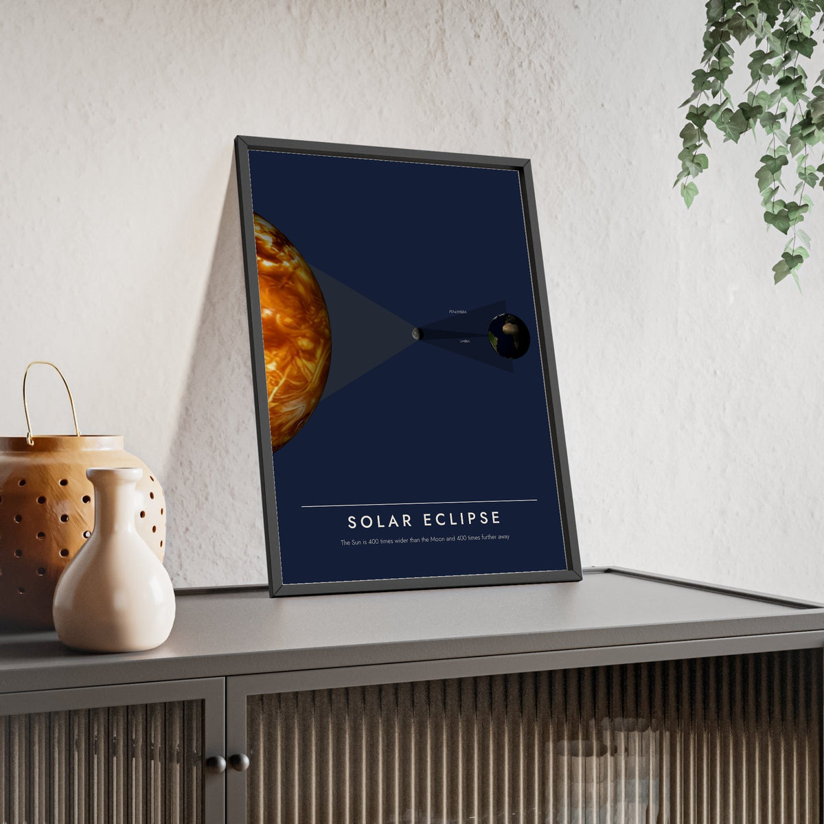 Solar Eclipse print framed and leaning on a sideboard