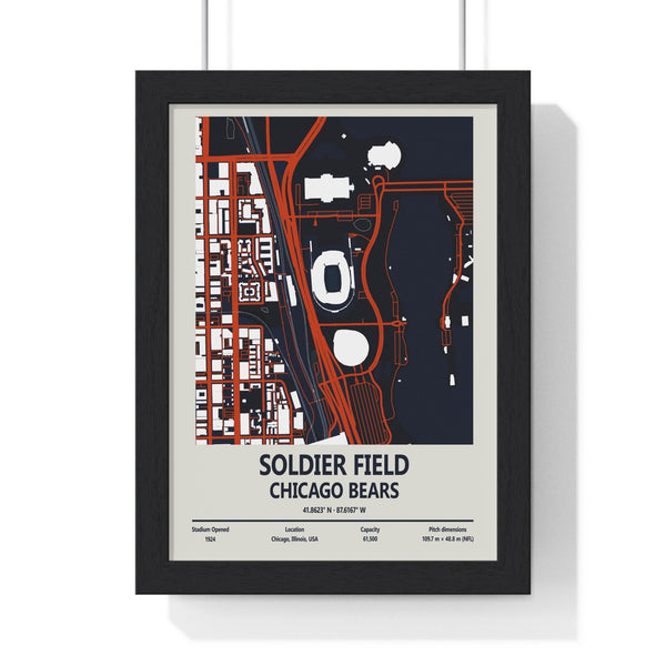Framed Soldier Field Chicago Bears stadium map print in black MDF frame with perspex