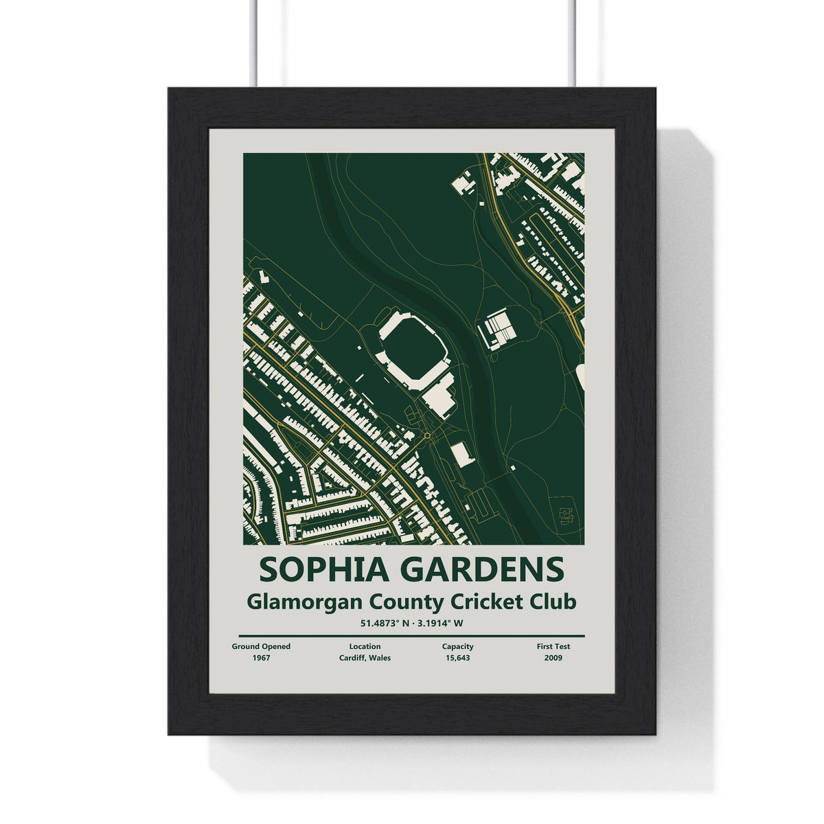 Sophia Gardens map print framed in a black frame, ready to hang