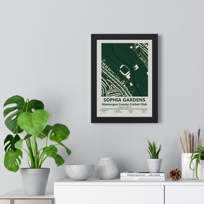 Sophia Gardens map print framed on a living room wall