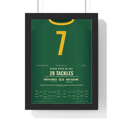 South Africa Rugby World Cup Final 2023 Poster - Pieter-Steph du Toit 7 Springboks Print framed in a black frame, ready to hang