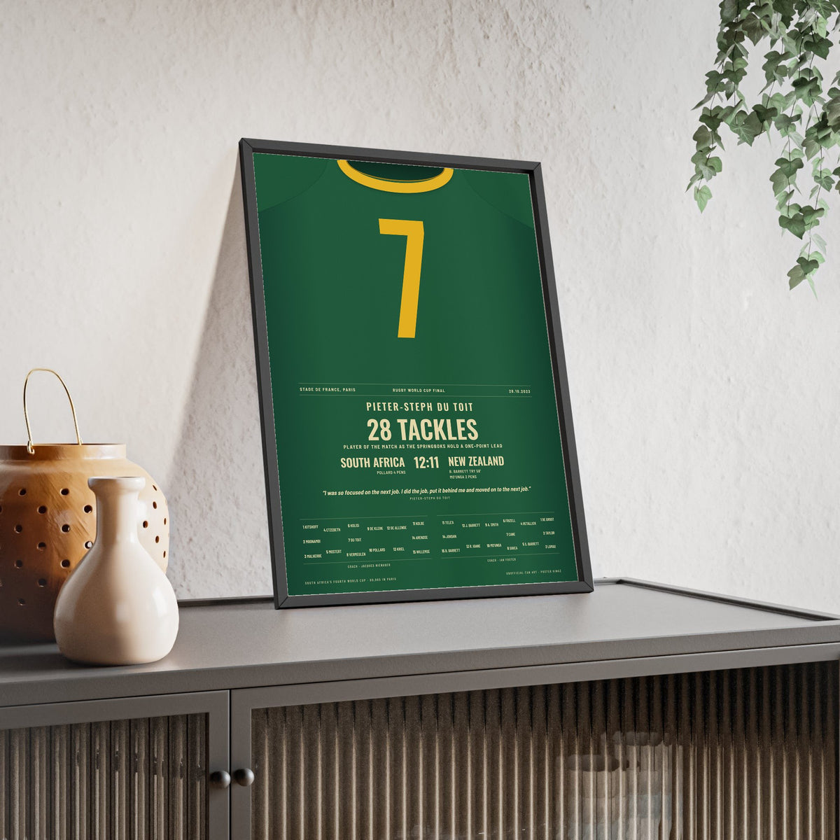 South Africa Rugby World Cup Final 2023 Poster - Pieter-Steph du Toit 7 Springboks Print framed and leaning on a sideboard