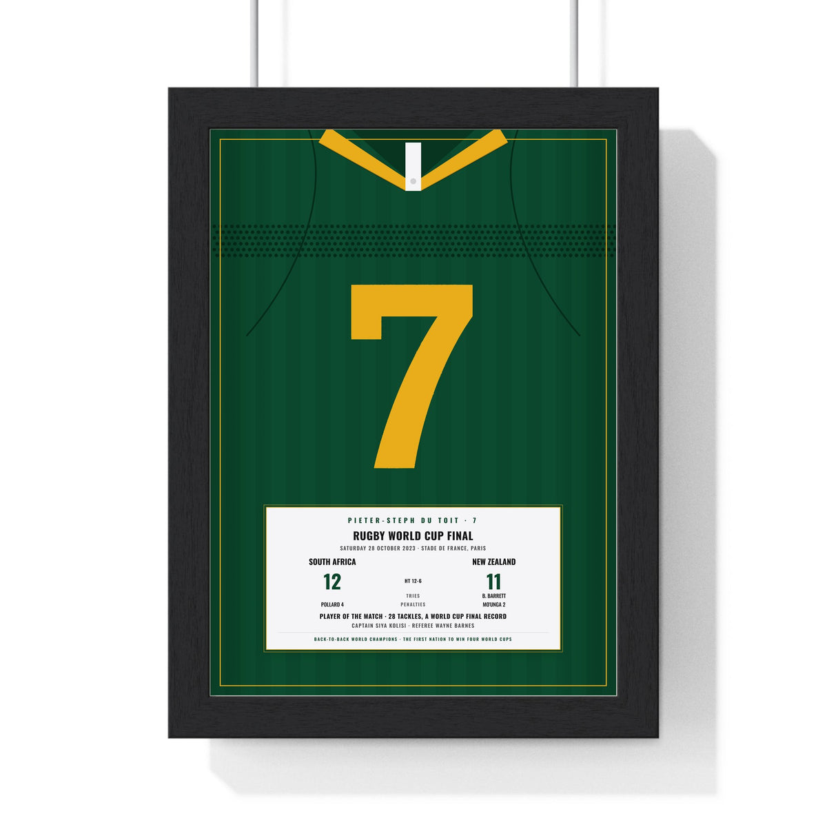 South Africa Rugby World Cup Final 2023 print - du Toit 7 framed in a black frame, ready to hang
