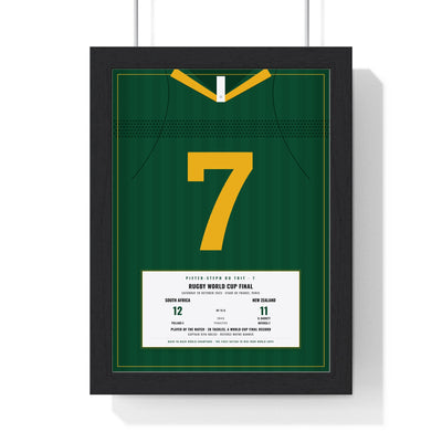 South Africa Rugby World Cup Final 2023 print - du Toit 7 framed in a black frame, ready to hang