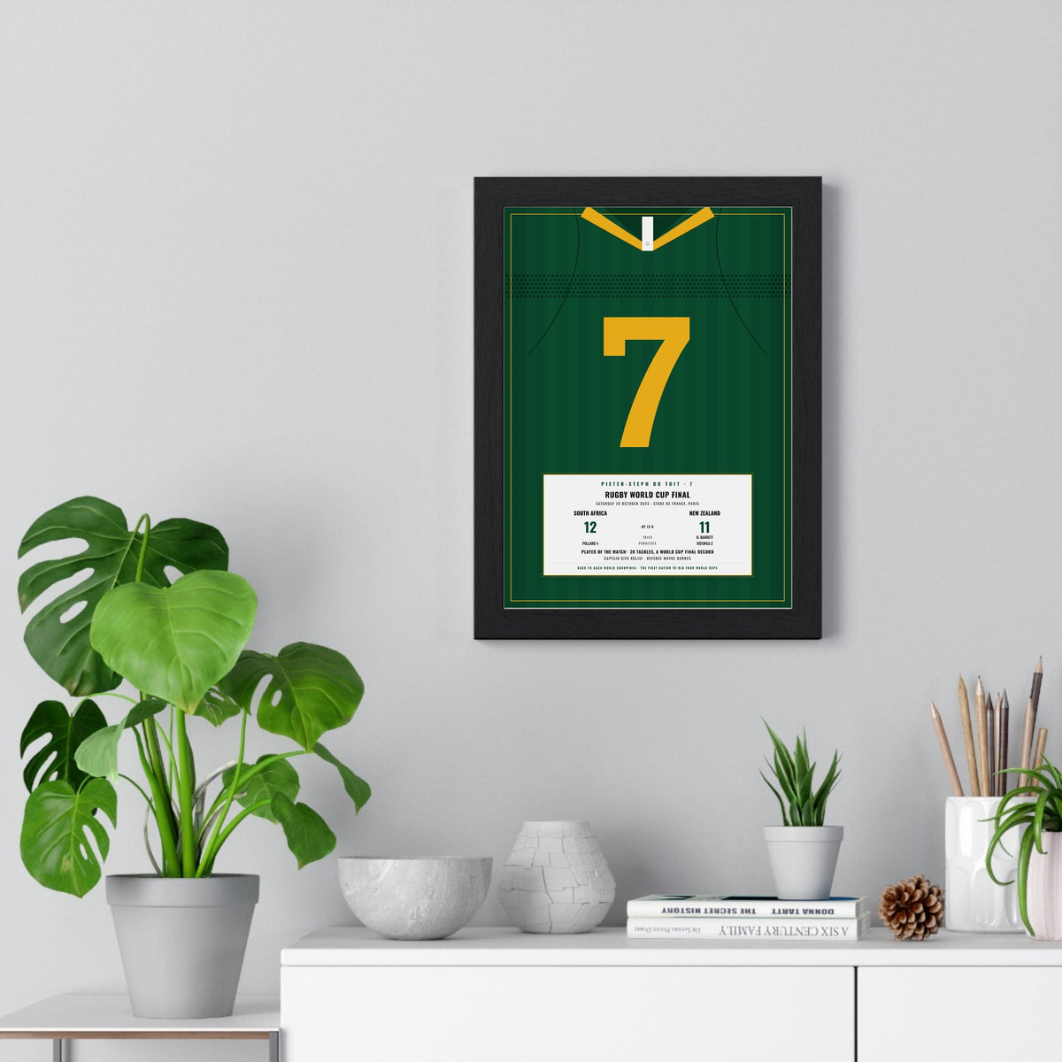 South Africa Rugby World Cup Final 2023 print - du Toit 7 framed on a living room wall