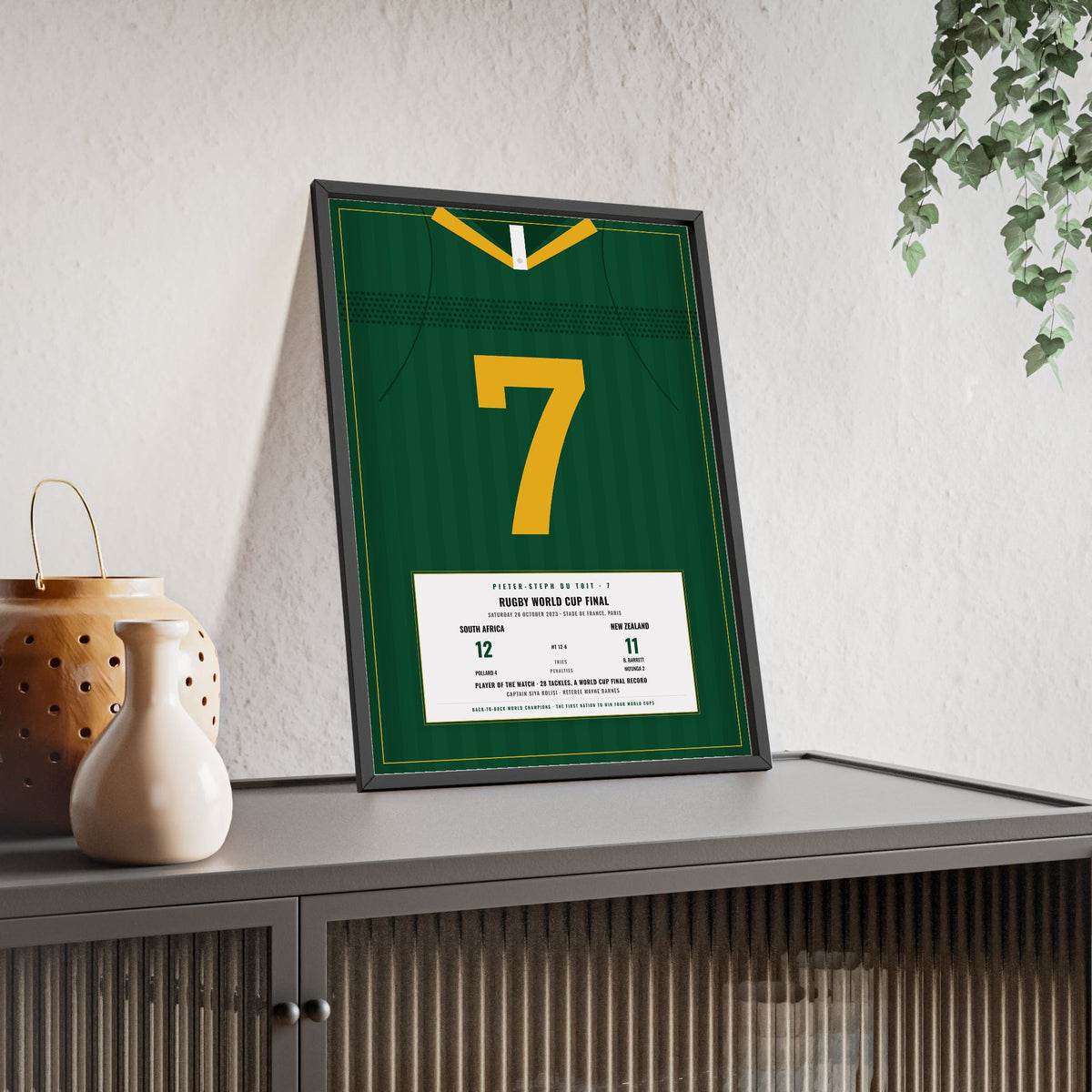 South Africa Rugby World Cup Final 2023 print - du Toit 7 framed and leaning on a sideboard