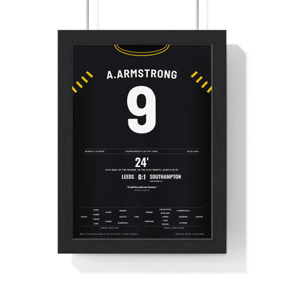 Southampton Play-Off Final 2024 Poster - Adam Armstrong 9 Wembley Shirt Print framed in a black frame, ready to hang