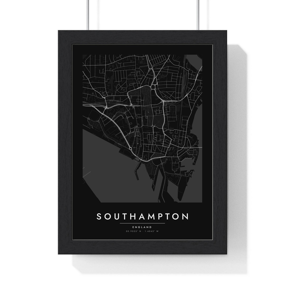 Southampton street map poster in black, minimal city map print framed in a black frame
