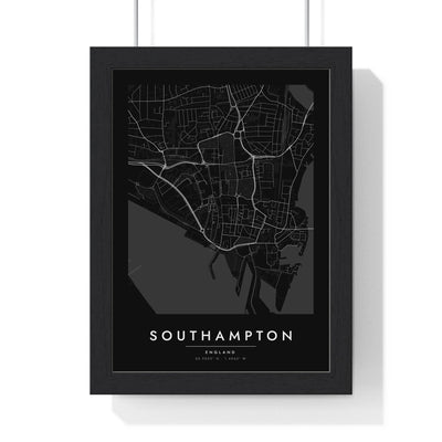 Southampton street map poster in black, minimal city map print framed in a black frame