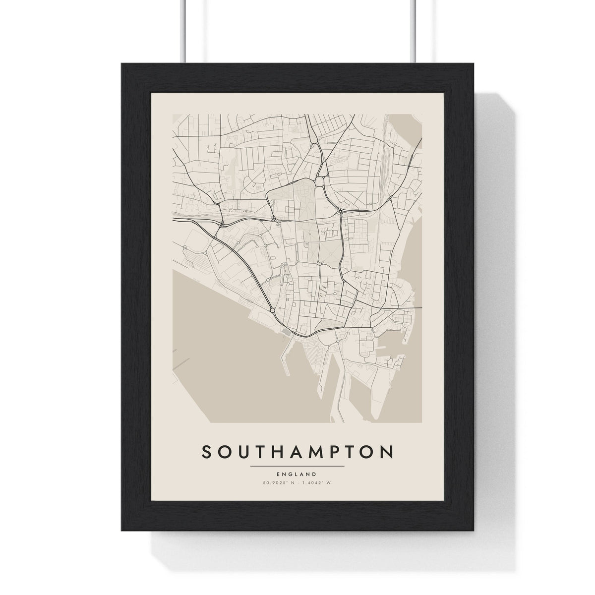 Southampton street map poster in cream, minimal city map print framed in a black frame