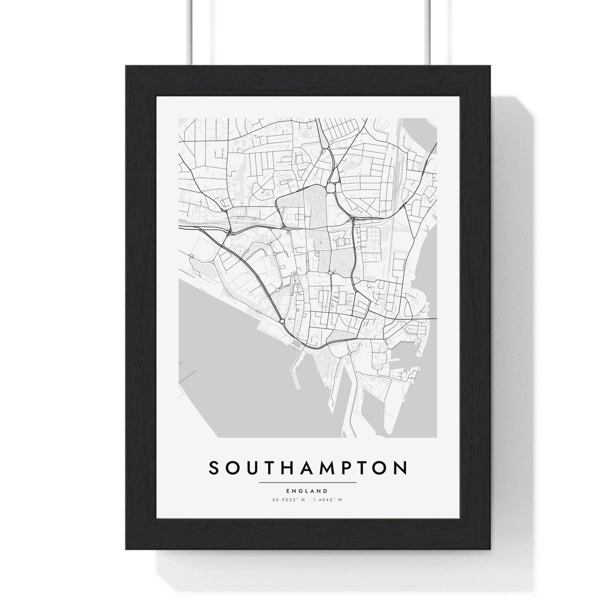 Southampton street map poster in white, minimal city map print framed in a black frame