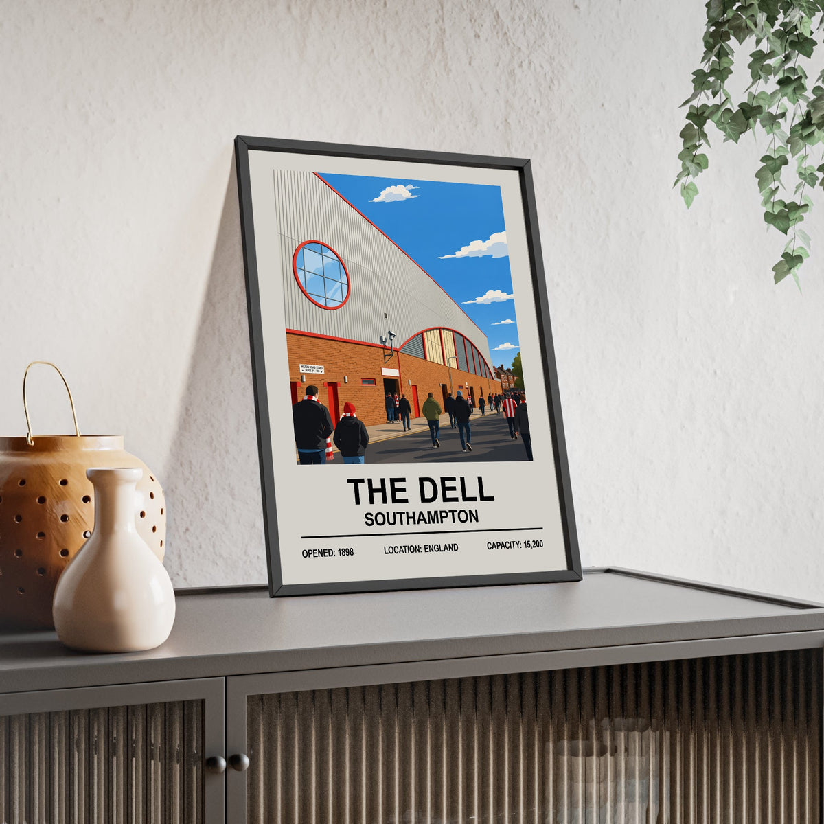 Southampton The Dell Stadium Print framed and leaning on a sideboard