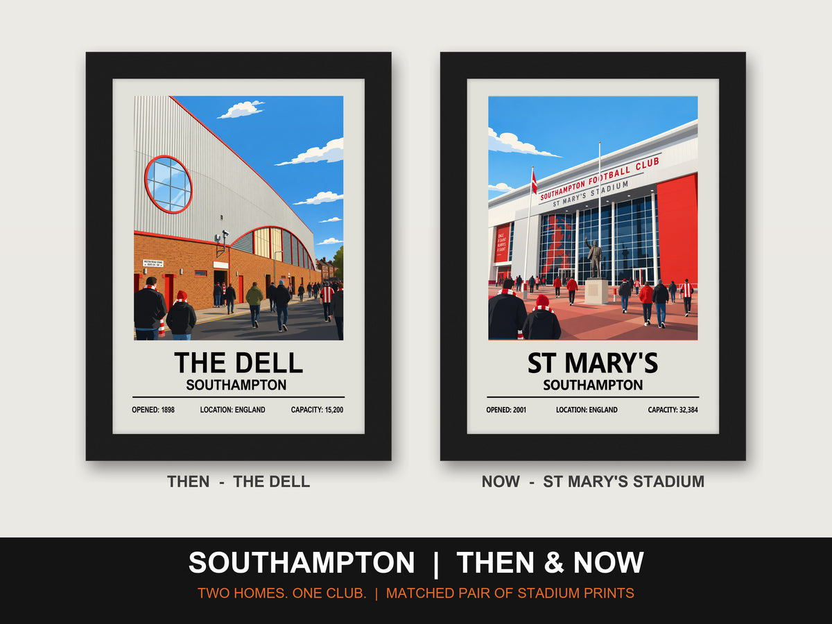 Southampton Then & Now Stadium Set | The Dell + St Mary's Stadium Prints - framed prints shown together as a set