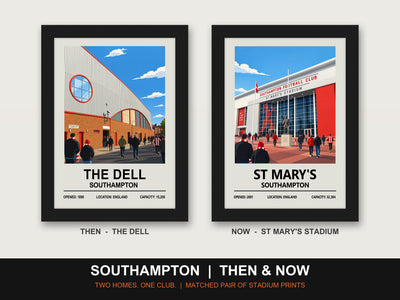 Southampton Then & Now Stadium Set | The Dell + St Mary's Stadium Prints - framed prints shown together as a set