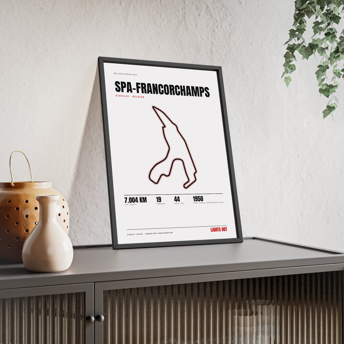 Spa-Francorchamps Circuit print White framed and leaning on a sideboard